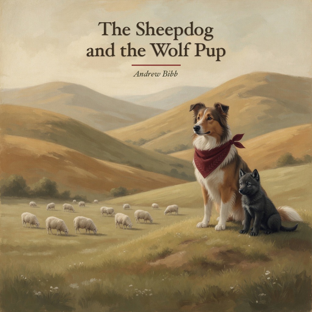 Cover of The Sheepdog and the Wolf Pup by Andrew Bibb. A sheepdog in a red bandana sits on a hill with a wolf pup beside him; a flock grazes in the valley below.
